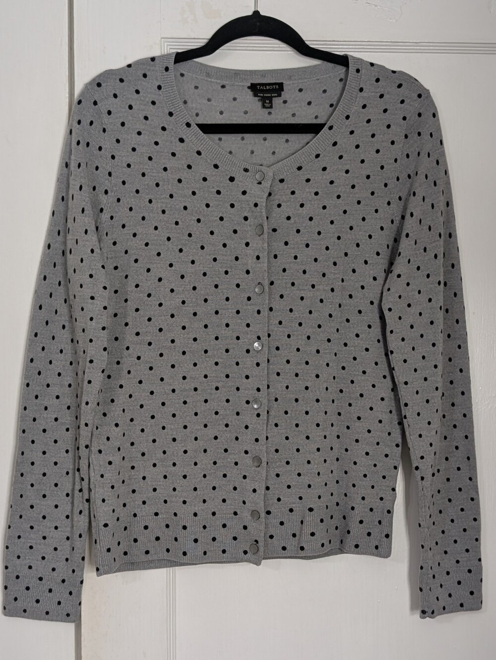 Talbots Cardigan Sweater Women's Sz M Gray Polka Dot Merino Wool Twee Quirky